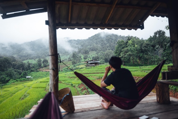 Rice field vacation people at huts and rice terraces