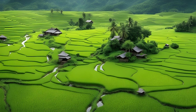 a rice field with houses and trees in the background