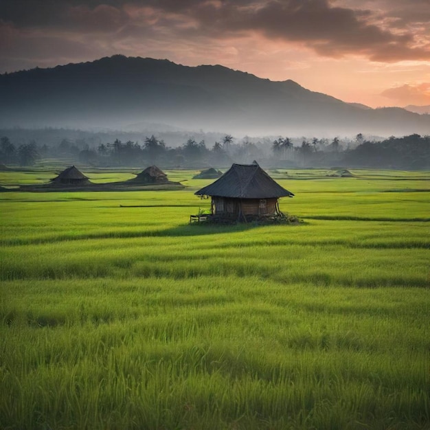 a rice field with a hut and a mountain in the background