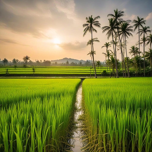 a rice field with palm trees and a small stream in the background