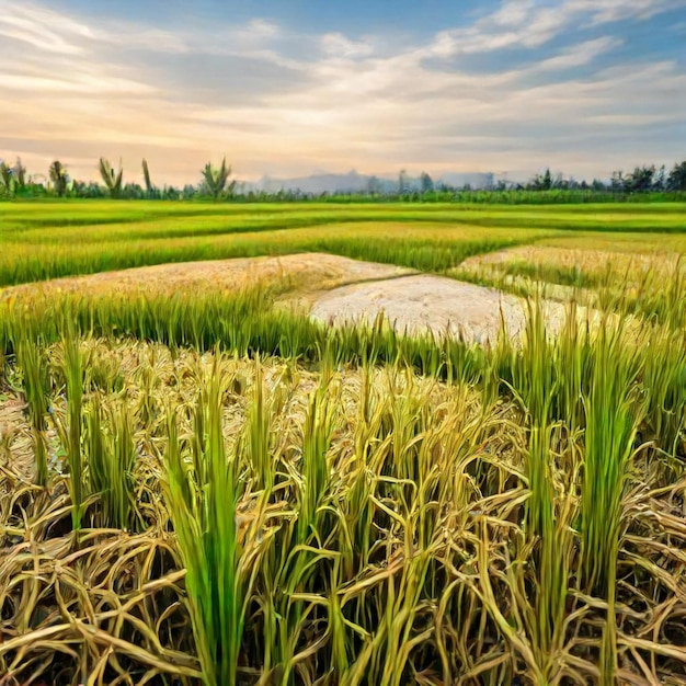 Photo a rice field with rice plants in the background