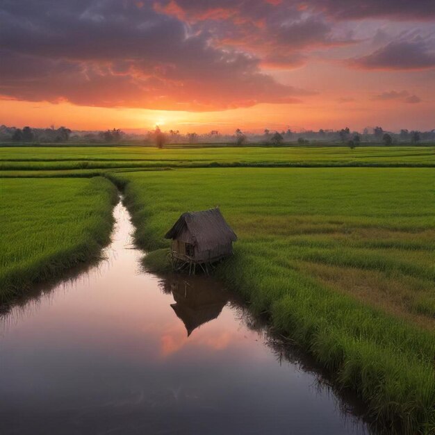 Photo a rice field with a small hut in the middle of it