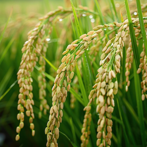 In the rice fields ears of golden paddy sparkle in the sun and wind