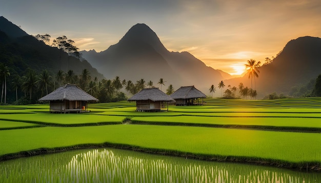 rice fields with mountains in the background