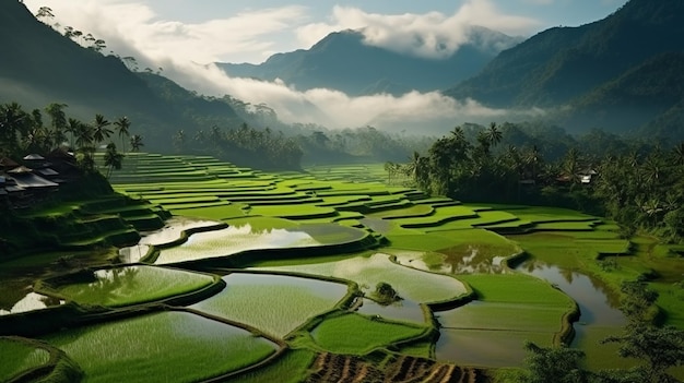 rice fields with mountains in the background