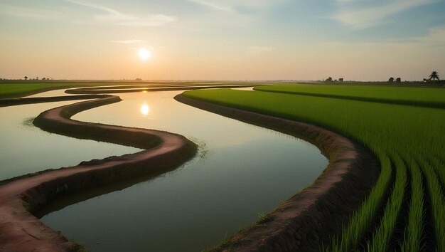 Photo rice fields with a sunset in the background