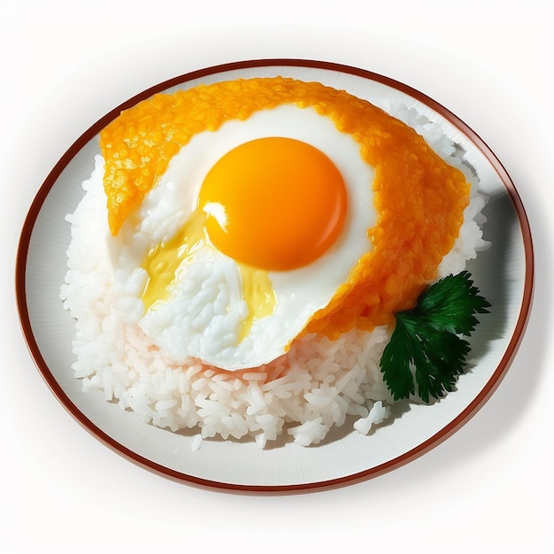 Rice and fried egg juicy on a plate healthy food concept