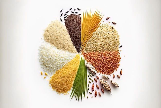 Rice grains and paddy seeds isolated on a white backdrop