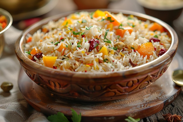 Rice pulao cooked with sugar saffron and dry fruits in Kashmiri style