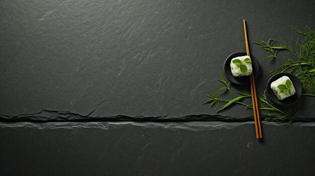 Photo rice sushi presented with chinese chopsticks against a dark background with hues of green evoking a sense of culinary elegance