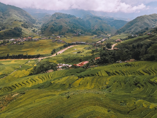 Rice terraces agricultural fields in countryside Sapa Vietnam mountain hills valley on summer in travel trip and holidays vacation concept