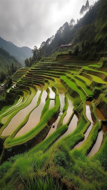 The rice terraces are surrounded by mountains and the sky is cloudy.