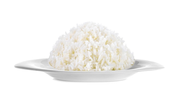 Rice in white plate isolated on white background