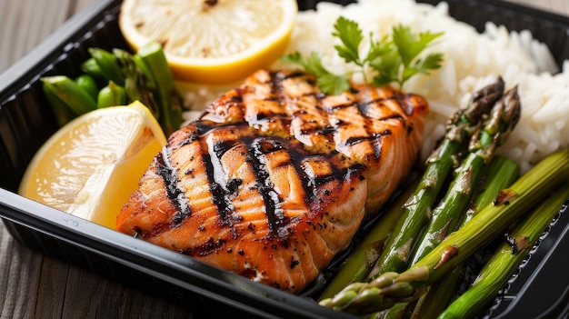 Rice with grilled salmon and asparagus in a container demonstrates