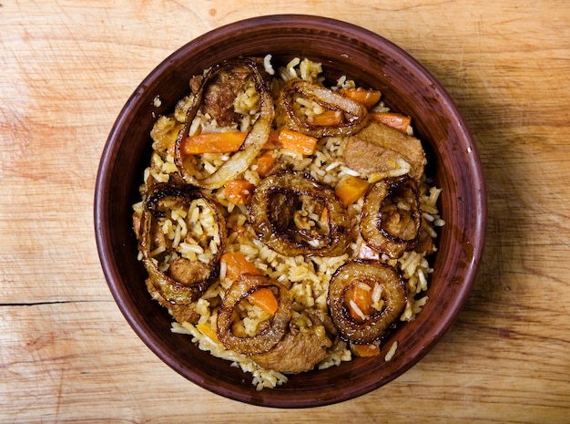 Rice with meat in plate