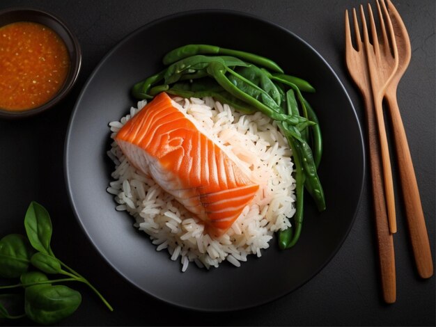 Rice with red fish green beans and spinach in a black plate Diet Top view Free space for text