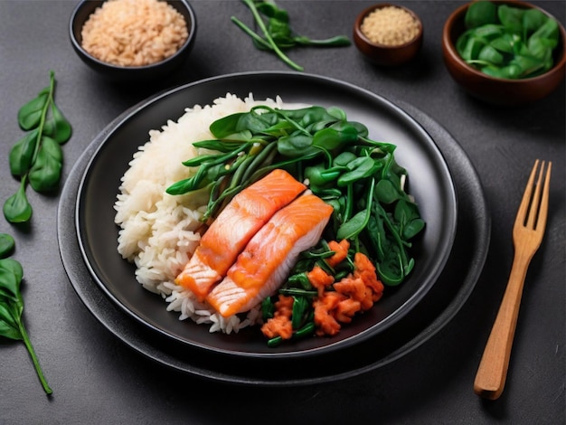 Rice with red fish green beans and spinach in a black plate Diet Top view Free space for text