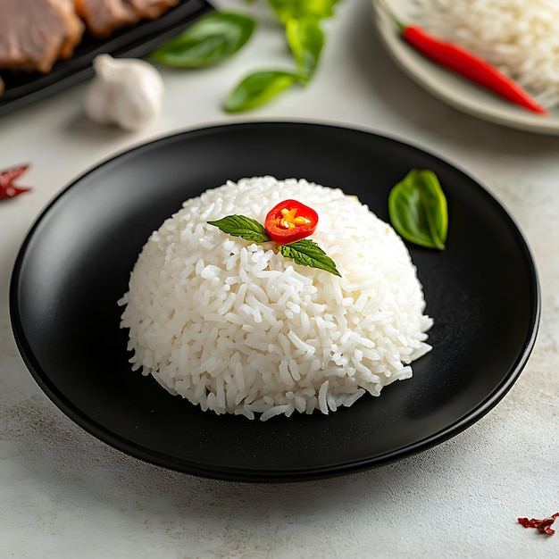 Photo a rice with a red tomato on it sits on a black plate with a red tomato on it