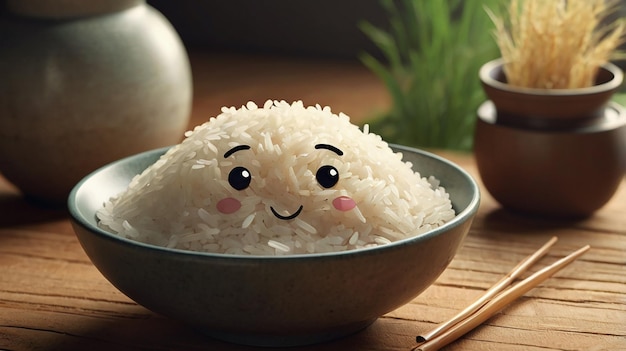 a rice with a smile on it sits in a bowl with rice and a chopstick