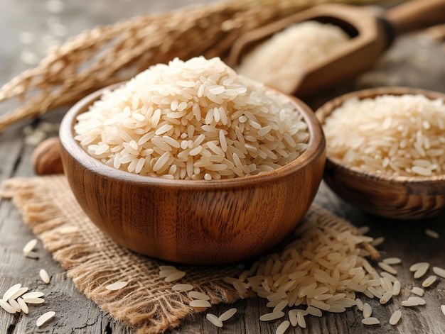 rice in a wooden bowl with a wooden spoon