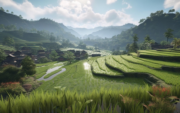 ricefield on mountain at sunny day