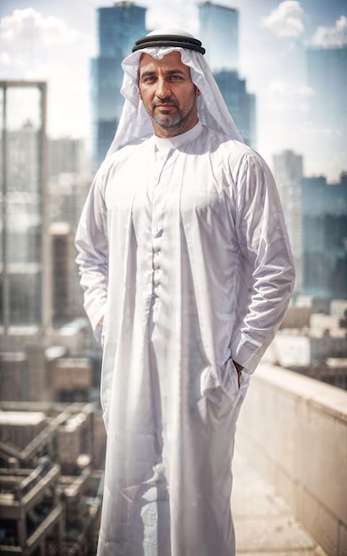 Rich arab businessman in Traditional White Outfit in big city in background generative AI