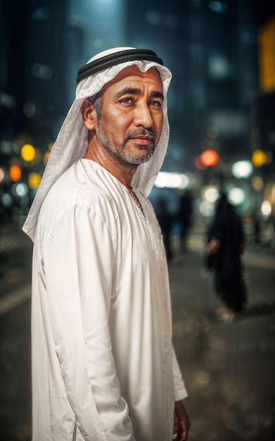 Rich arab businessman in Traditional White Outfit in night street background generative AI