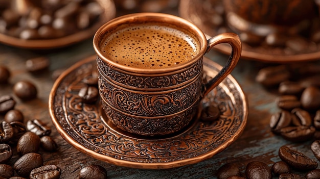 Rich Aroma of Traditional Turkish Coffee Brewed in Copper Cezve