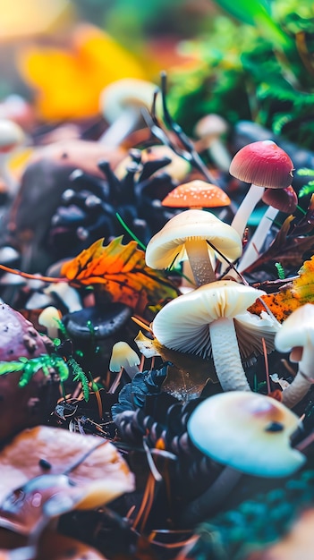 A rich assortment of colorful mushrooms in a forest setting highlighting the diverse