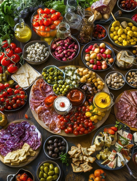 Photo a rich assortment of mediterranean cuisine creating a vibrant spread