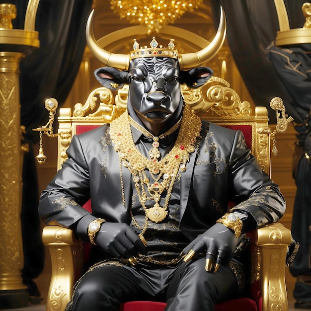 A Rich black bull wearing a lot of jewellery golden crown neckless siting on a golden and diamond