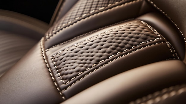 Photo rich brown stitching stands out on the deep brown leather car seat adding a touch of luxury