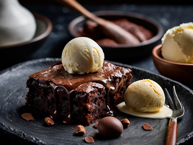 Photo a rich chocolate brownie presented on a slate platter accompanied by a scoop of vanilla ice cream