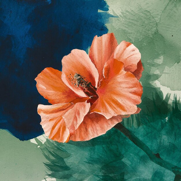 A rich and colorful watercolor painting featuring deep blues vivid oranges and soft greens with text