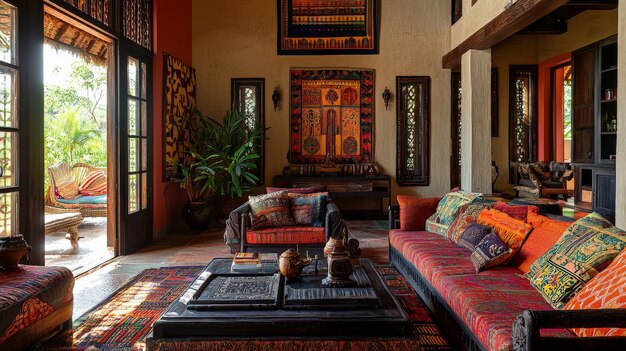 Rich cultural interior design featuring traditional elements and vibrant colors