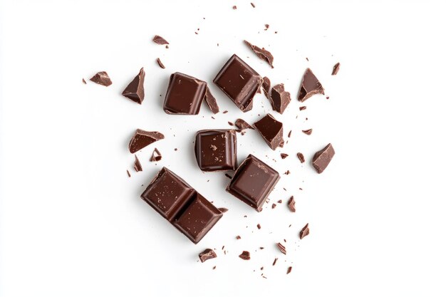 Photo rich dark chocolate pieces are scattered on a clean white background the texture is appealing and perfect for desserts ideal for culinary projects generative ai