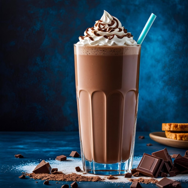 Rich and decadent chocolate milkshake with whipped cream and chocolate shavings