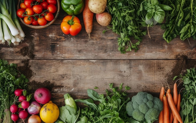 A rich display of garden vegetables spread on an old wooden surface with copy space for text