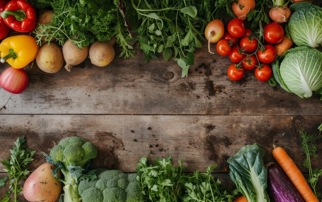 A rich display of garden vegetables spread on an old wooden surface with copy space for text