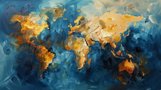 A rich expressive and colorful textured artwork depicting a world map against a deep blue background