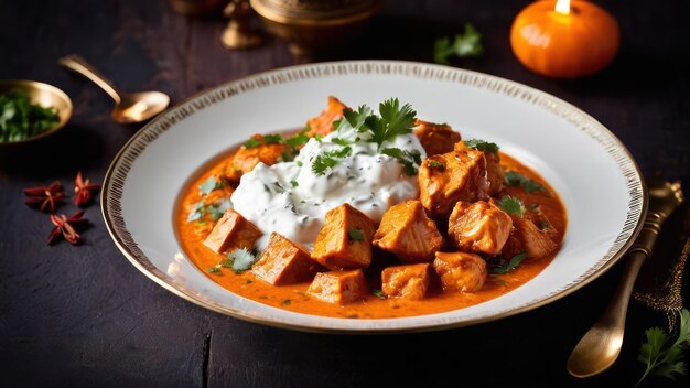 Rich Flavors of India Chicken Curry with Fluffy Rice and Fresh Herbs