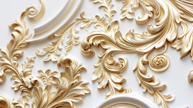 a rich golden baroque ornament delicately engraved on a pristine white background showcasing the intricate details and lavish curves of the design to evoke a sense of opulence and sophistication