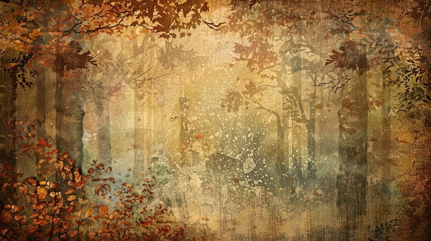 Photo rich handpainted leaf patterns and dappled light creating a textured forest scene