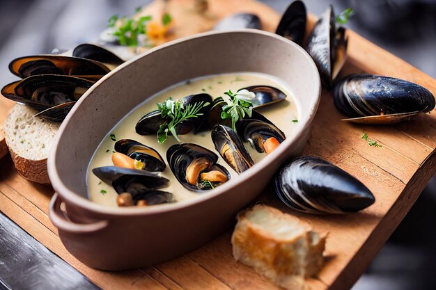 Rich hot seafood soup with mussels and herbs