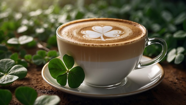 A rich latte with a shamrock design on top set against a backdrop of misty clover leaves AI genera