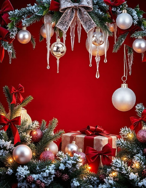 Rich Maroon Backdrop Adorned With Shimmering Baubles Glass Icicles Hang Softly Above Encircled by