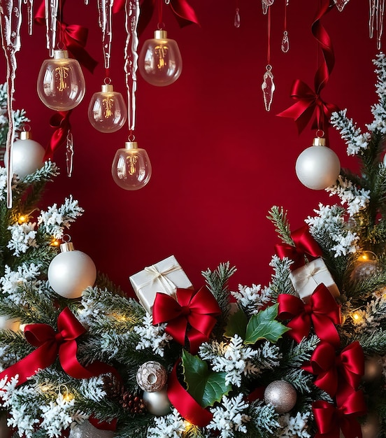 Rich Maroon Backdrop Adorned With Shimmering Baubles Glass Icicles Hang Softly Above Encircled by