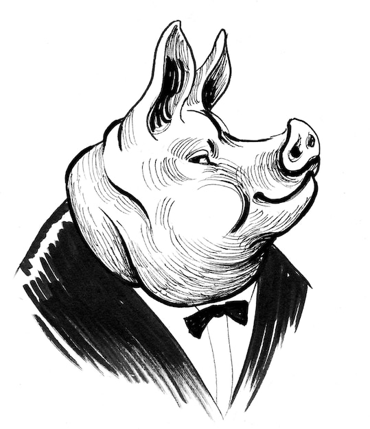 Rich pig character in suit. Ink black and white drawing