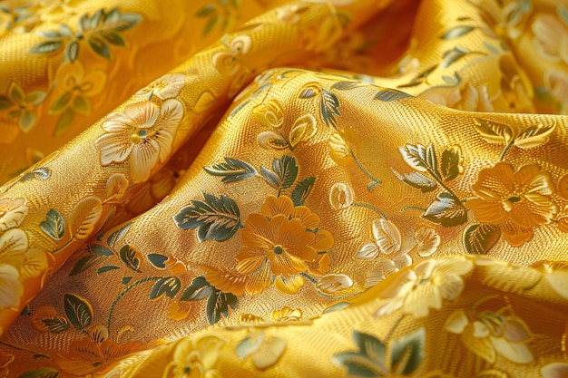 A rich and vibrant yellow brocade fabric with intricate floral patterns showcasing the detailed cra