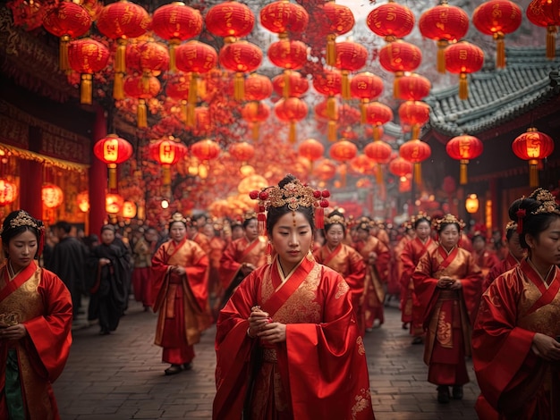 A richly captivating painting depicting the celebration of Chinese New Year